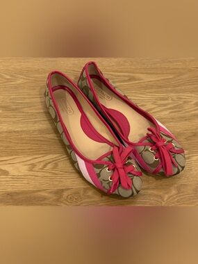 Coach Pink and Tan Signature Canvas Ballet Flats